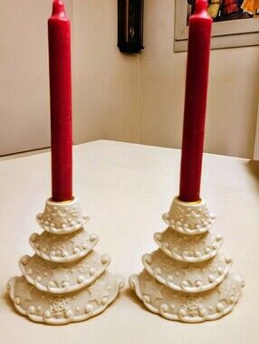 Vintage GIFTCO Porcelain Christmas Tree, Snowflakes & Stars 4.5" Candle Holders
